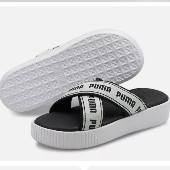 PUMA Logo Criss-Cross Black White  Tape Platform Slide Sandals New - Picture 2 of 14